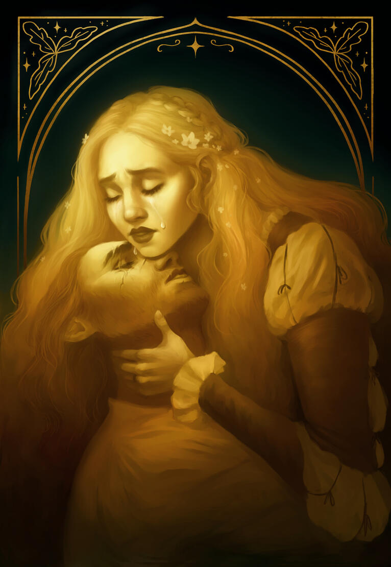 rapunzel A couple painted in gold embrace her crying into his scarred eyes. A gold border features rapunzel and stars