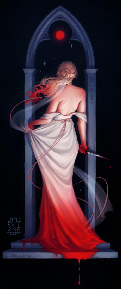 bloody Bride A bride in a white dress stands looking out a stone arch at a red moon while holding a bloodied knife. Her hands and hair are red with blood. The bottom of dress descends into a puddle of blood dripping off the steps.