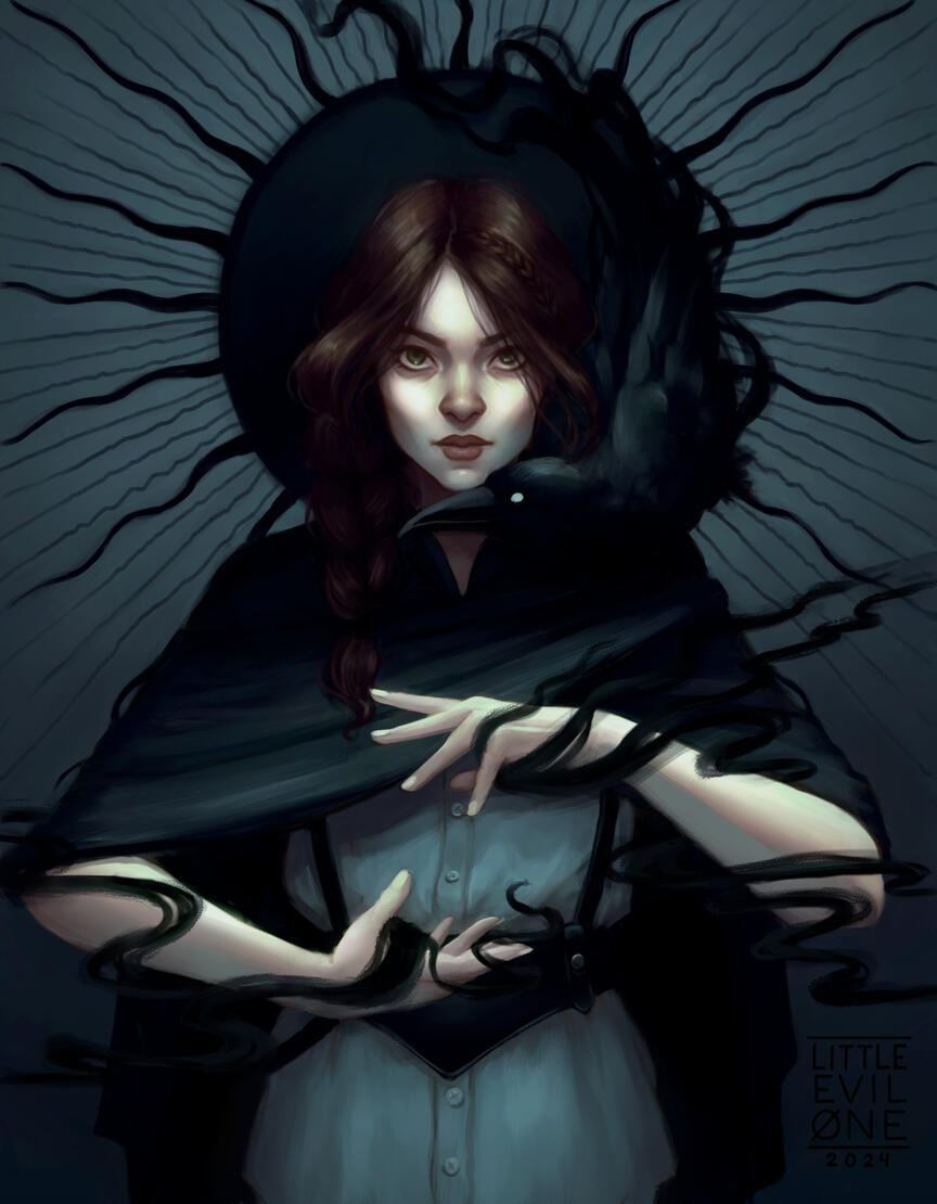 Black sun Warlock A pale woman in a black cloak and braid summons shadow magic. On her shoulder a shadow raven perches and a black sun radiates behind them