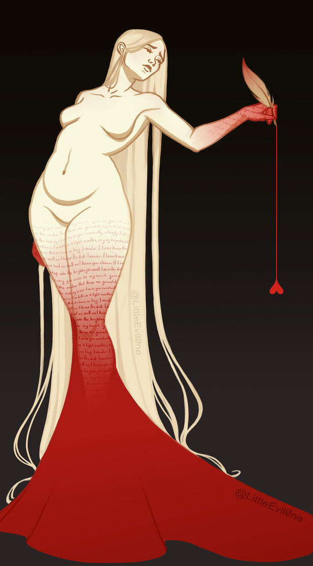 Haunted author A pale mournful ghost woman holds a quill dripping red liquid in the shape of a heart. On her thighs and hands, red writing fades to solid red, creating a bloody skirt train