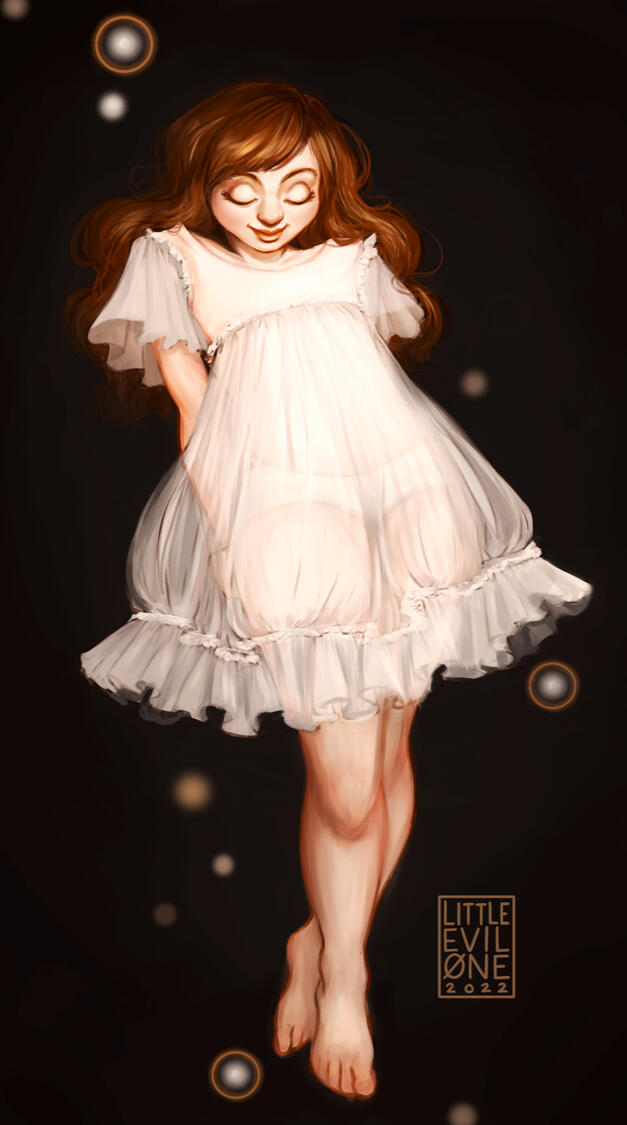 brightest Brightly lit redhead in an almost translucent dress floating and smiling surround by lens flares