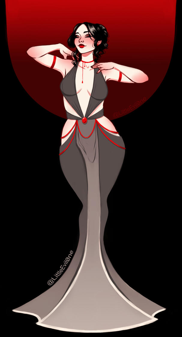 Drink me a woman poses in a gray dress with red accents and a red necklace mimicking blood drips from a vampire bite. Her dress and the background behind her mimic the shape of a wine glass