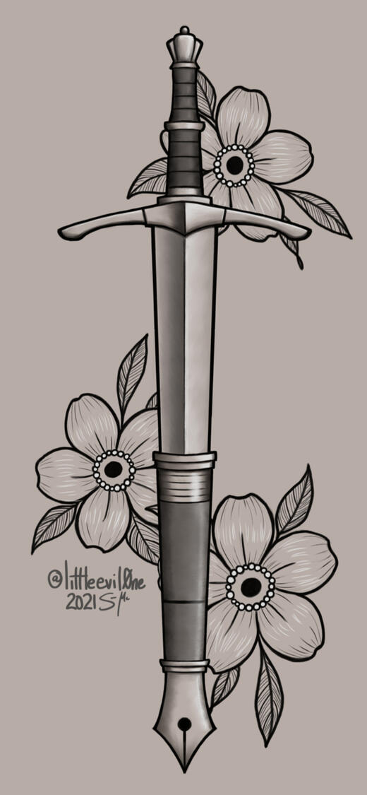 for ana Grayscale sword handle that becomes a fountain pen tip surrounded by flowers