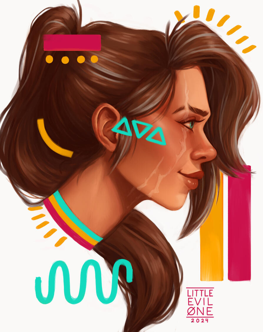 Alex A scarred smiling brunette with grey streaks in her hair surrounded by abstract shapes