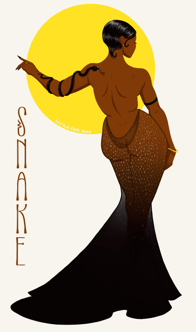 snake a black woman with fingerwaves stands with her back to the viewer, arm out stretched. A black snake winds around her arm. Her translucent scaled dress fades into a black train. There is a yellow circle and text that reads Snake
