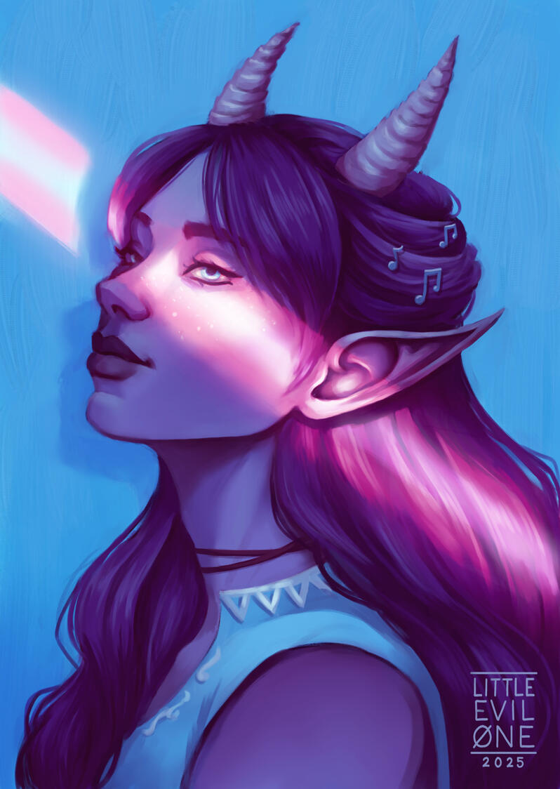 Untitled a tiefling with pink hair and horns tilts their head up. They are in blue shadows while a streak of pink and white light runs across their face forming the trans flag