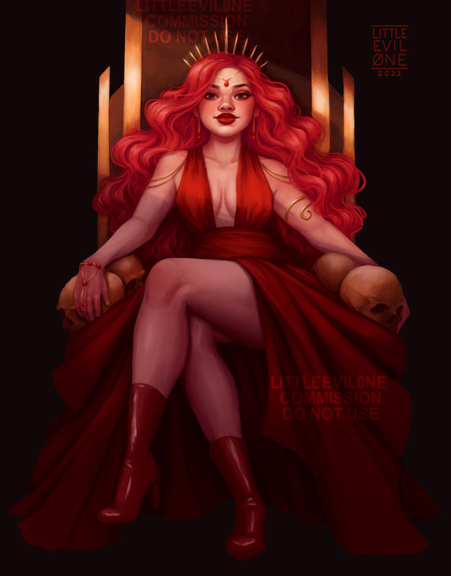 Queen annapantsu A redheaded woman in a red dress and boots with gold jewelry and crown sitting on a gold throne with skull armrests