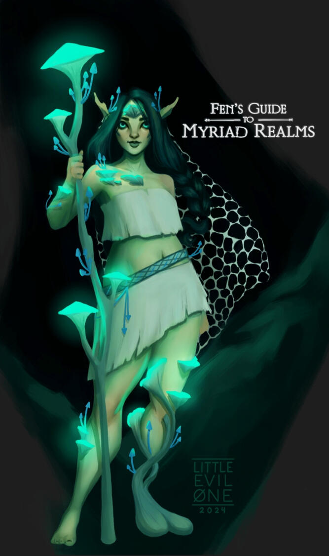 mushroom farmers a green skinned elf like woman with glowing mushrooms growing from her body and a mushroom staff in hand. A mushroom prosthesis has replaced a missing leg and a veil flows from her head