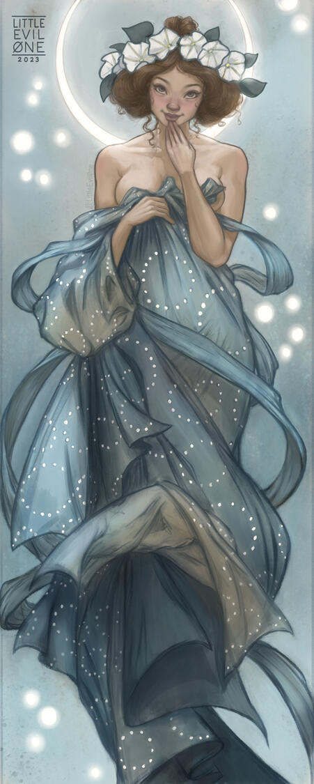 Gibson girl with morning glories in her hair floats in front of the moon wrapped in starry blue fabric