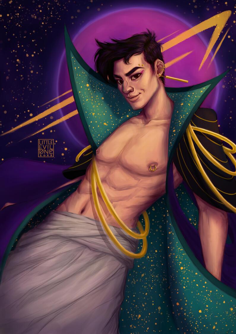 Slim and shirtless muscular man wearing a purple and green cloak with stars. Behind him is a starry sky, a pink and purple planet and the logo for the celestial spear.