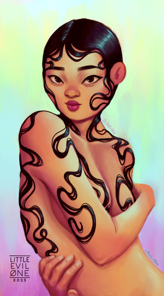 gloss A woman with wet hair sticking to her body in swirls on a rainbow background