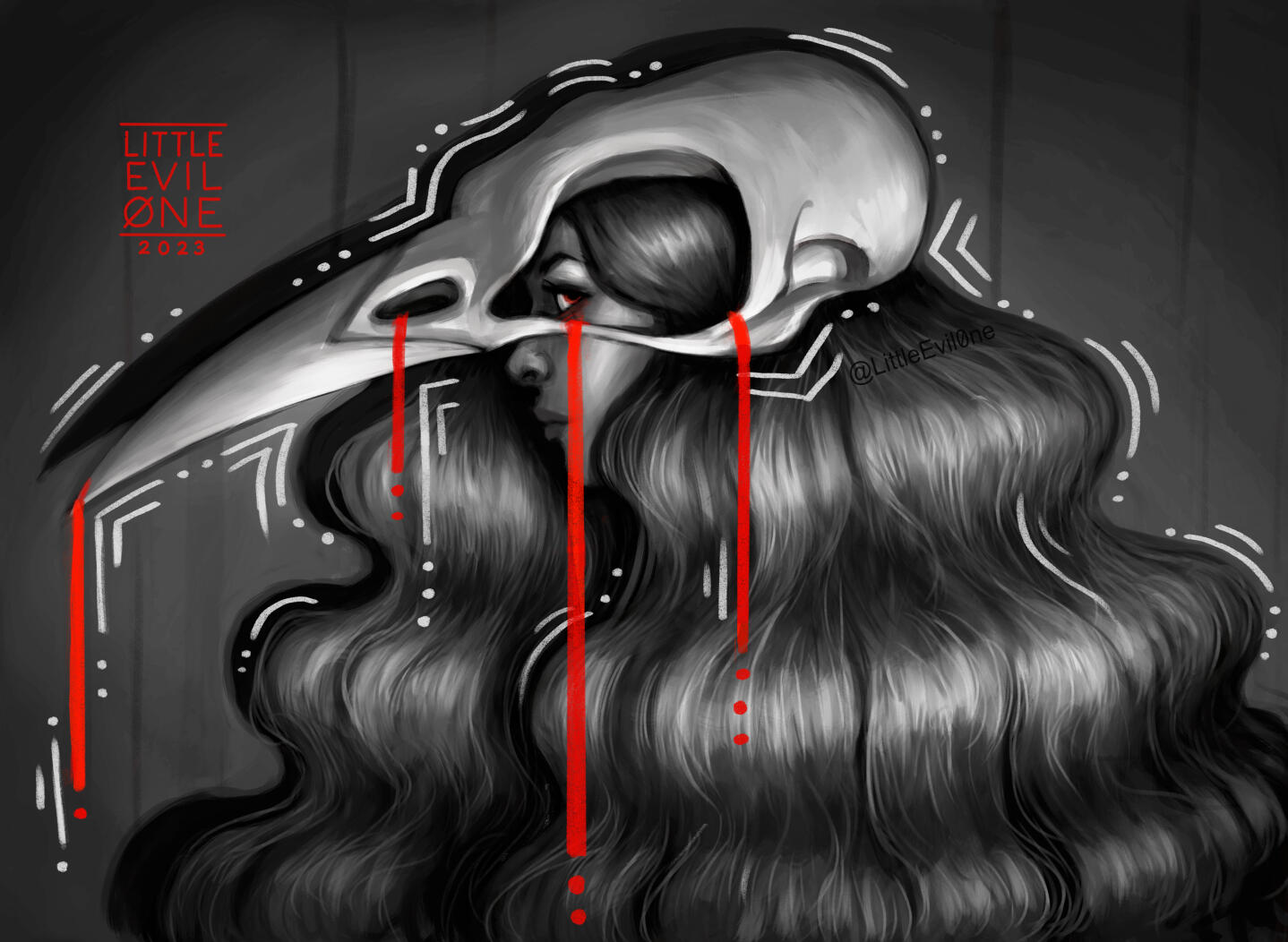 crow witch In black and white, a witch woman with thick hair wearing a large bird skull. Her eye is red and red and white markings surround the skull