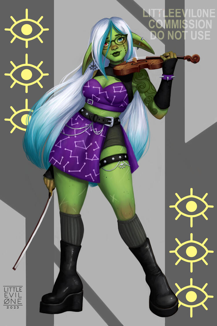 A goth goblin girl with long white and blue hair in a purple constellation outfit holds a violin at the ready. The grey background features a three eyes motif