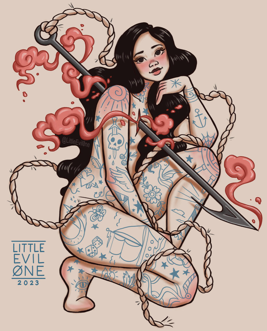 Pierced Heavily tattooed woman with a harpoon through her chest with blood and rope floating around her. Tattoos include a squid, a ship, a ship wheel, an anchor etc.