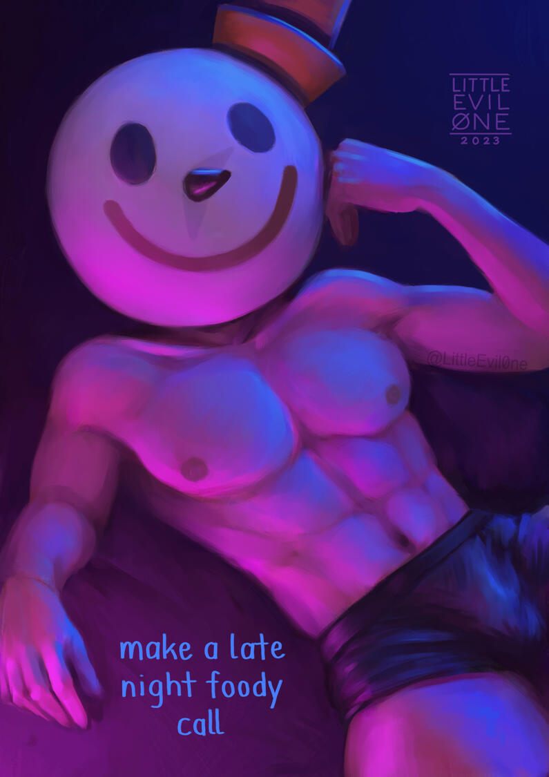 A very muscular Jack in the Box mascot smirking shirtless lit in blue and pink. Text reads "make a late nigh foody call"
