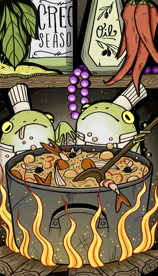 Chef frogs stir a pot of gumbo over a fire with spices, herbs and beads on the shelf behind them