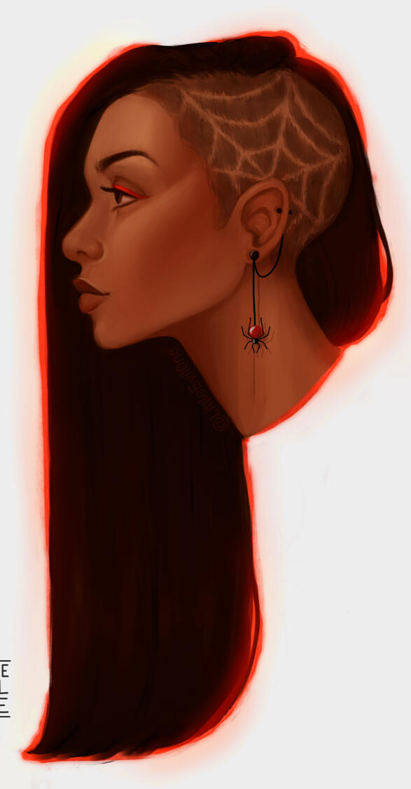 spider hair A native american woman with red eyeliner, a spider web shaved into her hair and a dangling spider earring