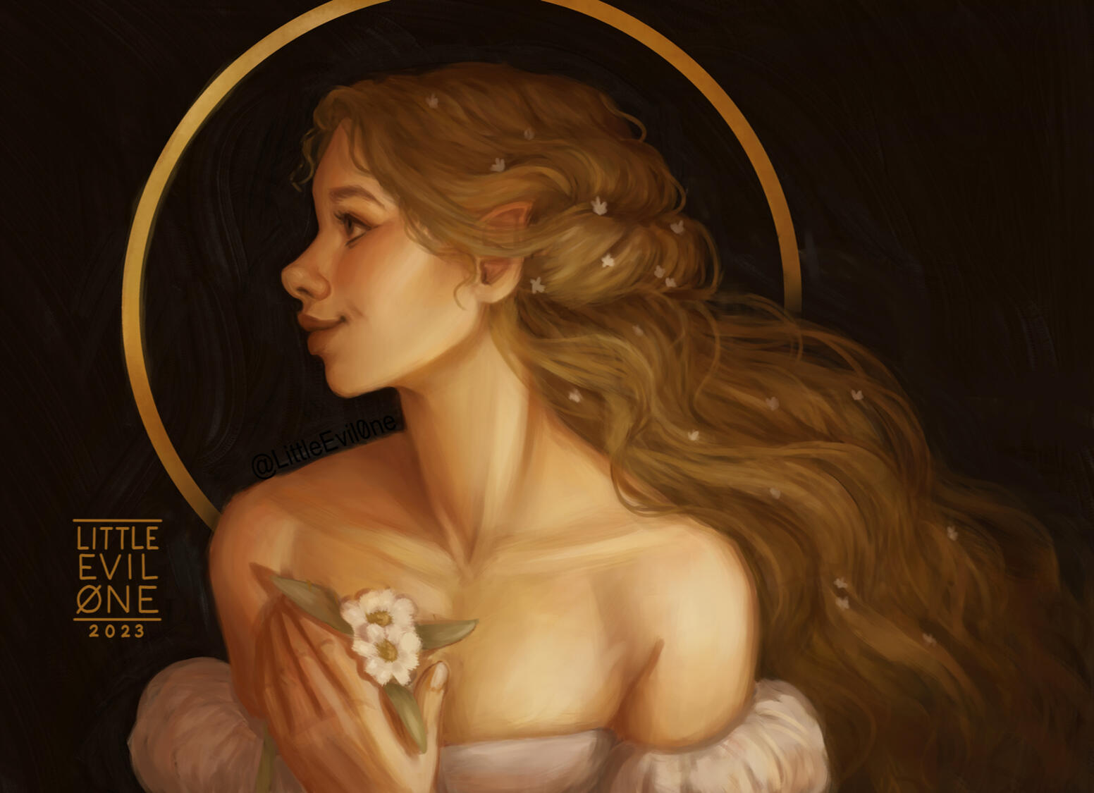 A blond woman holding flowers in low light with a gold halo