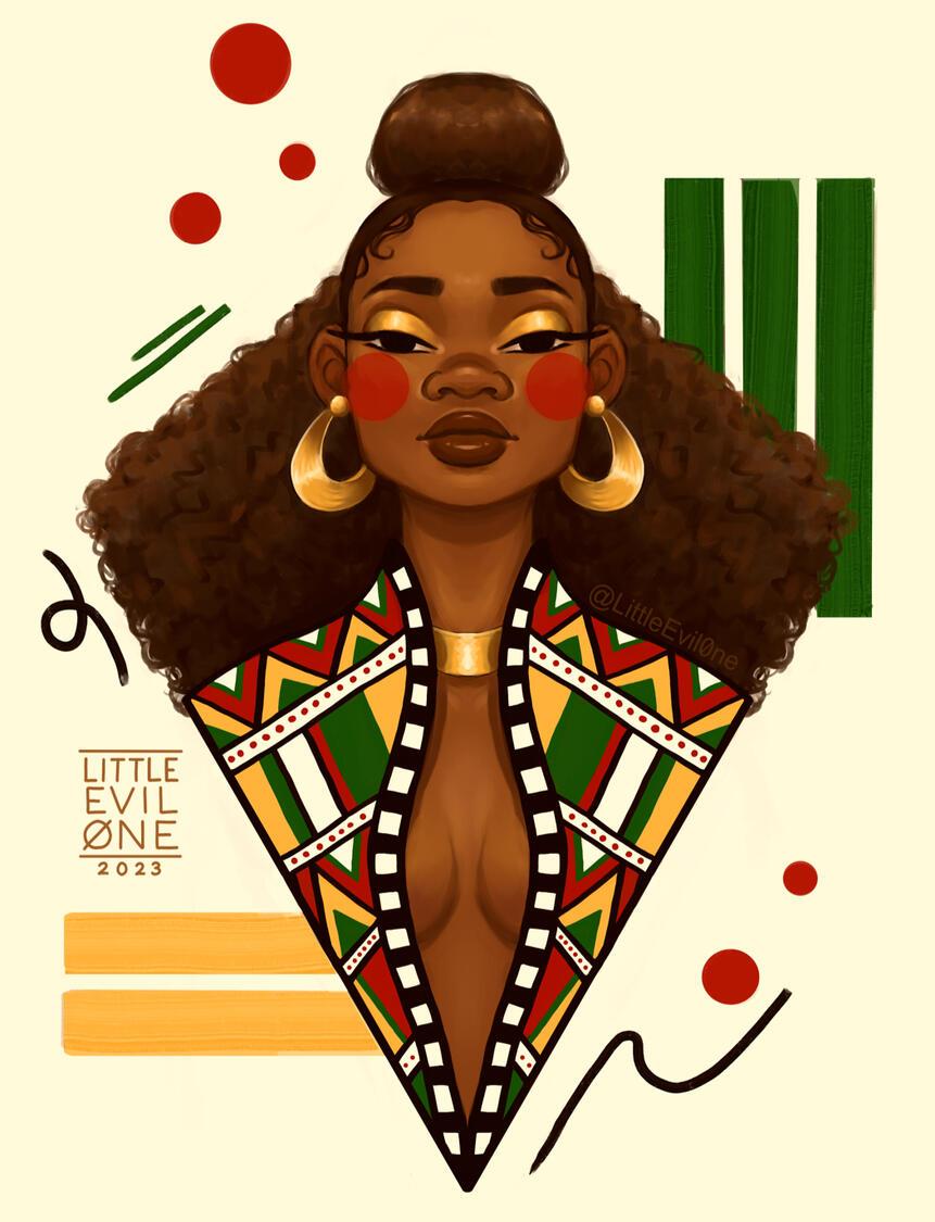 A diamond shaped bust of a black woman with gold jewelry and makeup surrounded by abstract patterns