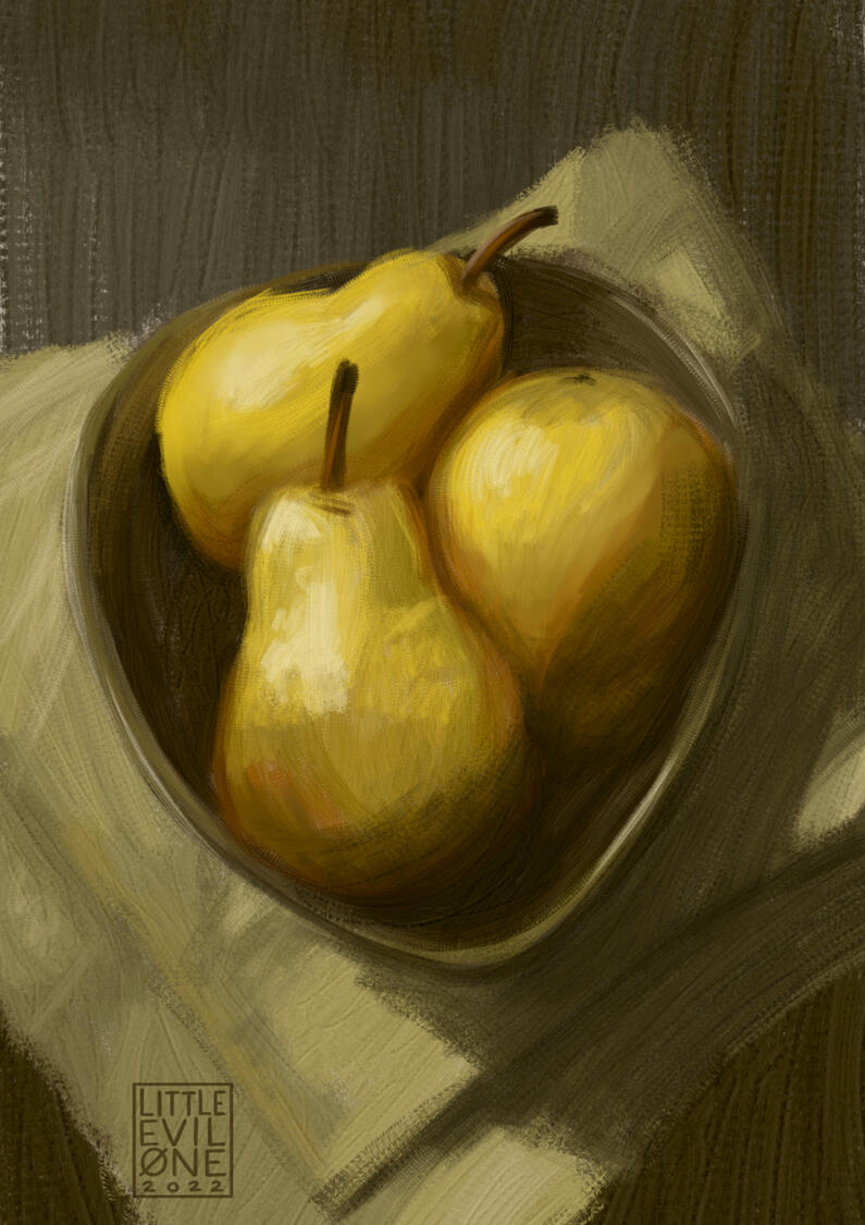 pears A bowl with 3 yellow pears in it