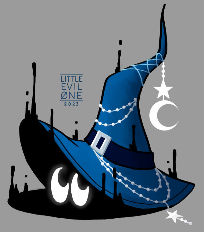 A blue witch's hat with stars and chains. Its shadows dripts up and glowing eyes peer from undet the brim