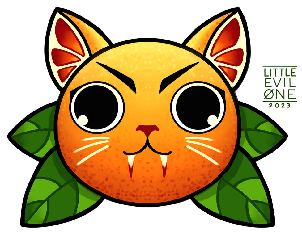 An angry orange vampire cat face with blood orange slice ears