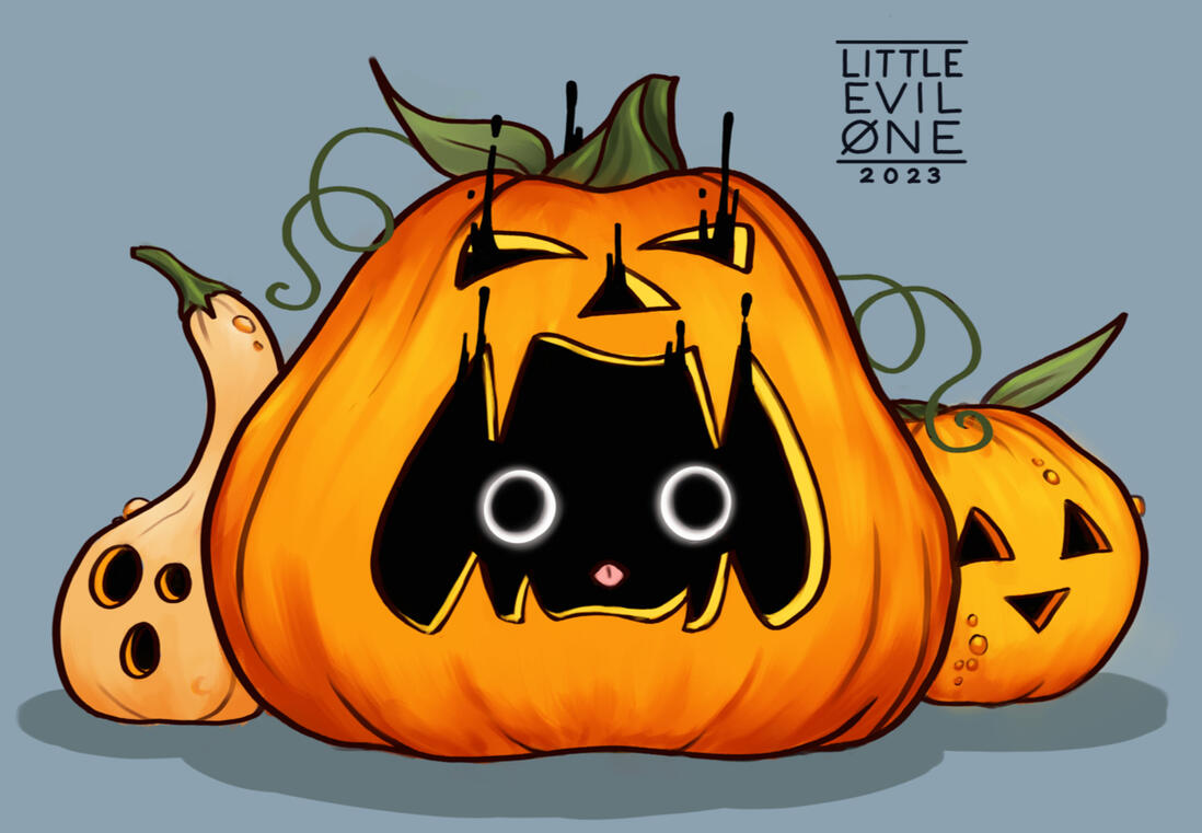 3 carved pumpkins with shadow dripping up out of the largest pumpkin. Glowing eye peer out from inside