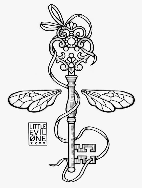 the key a black line drawing of an old fashion key with a ribbon tied to it and wings to either side