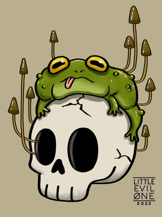 toad on a skull A warty toad with its tongue out on a skull with mushrooms growing out of it
