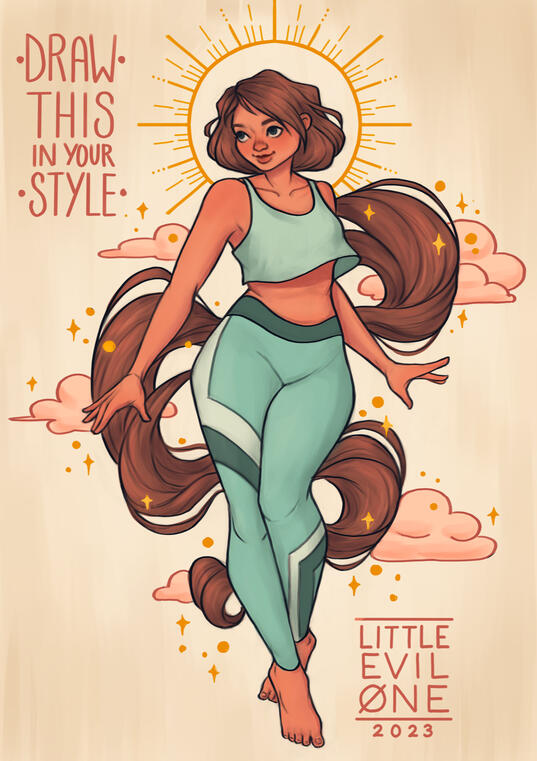 dtiys Woman in teal workout outfit stands in front of the dawn with hair and stars swirling around her. Text reads "Draw this in your style Little Evil One 2023"