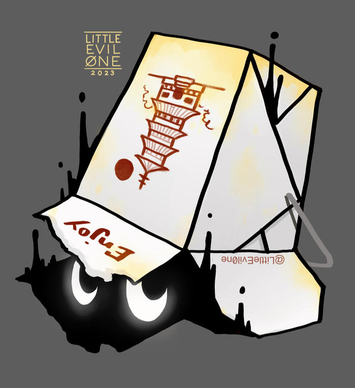 a greasy chinese take out container with shadow dripping up out of it and glowing eyes peering from beneath it