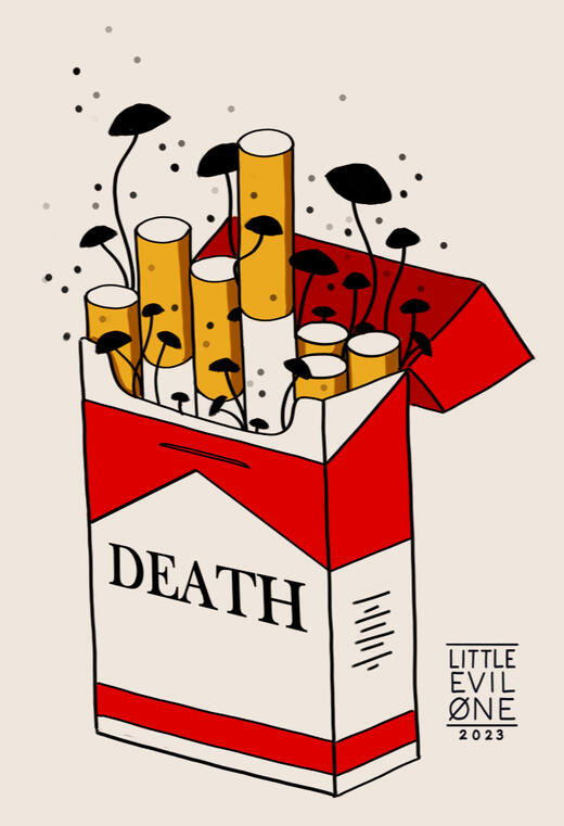 A box of cigarettes labeled death with black mushrooms growing out of them