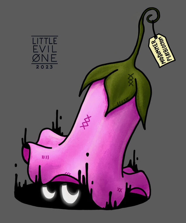 A pink flower shaped hat tagged "Midsummer: Peasblossom" with shadowed dripping up out of it and glowing eyes peering from beneath