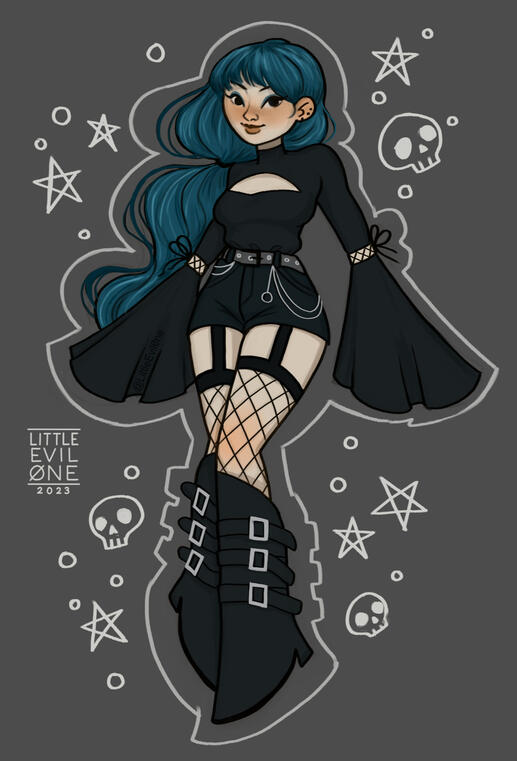 boots Alt girl with blue hair surrounded by doodles of stars and skulls