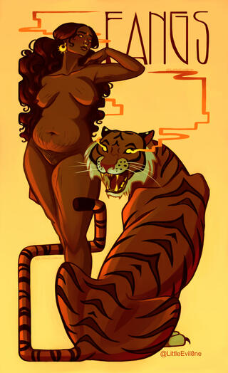 A growling tiger with orange smoke coming from her eyes sits with her tail wrapped around a woman's legs. The woman stands nude with stretchmarks and curly hair. Both the woman and tiger have bloody mouths. Text at the top reads Fangs