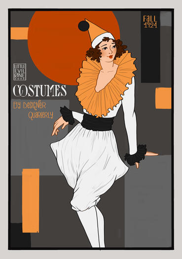 A woman in a 1920s clown jester costume in front of an abstract background with a white border. Text reads "Little Evil One 2022. Costumes by Designer Quarterly Fall 1924"