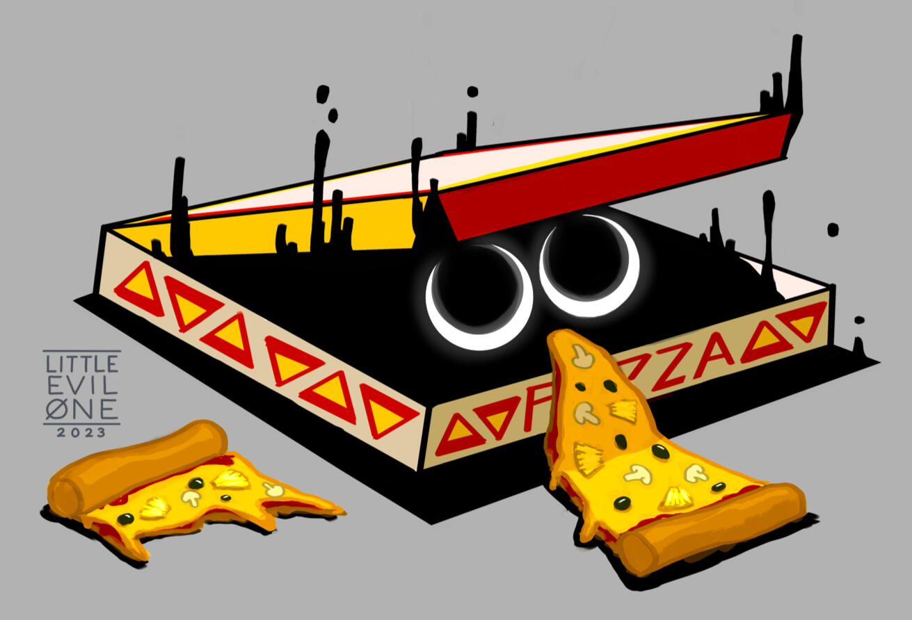 shadow pizza A pizza box slightly open with shadow dripping up out and glowing eyes. Partially eaten pizza lies on and around the box