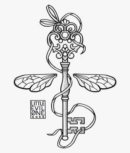 An Illustration of an ornate old fashioned key with a ribbon tied to it and two dragonfly wings
