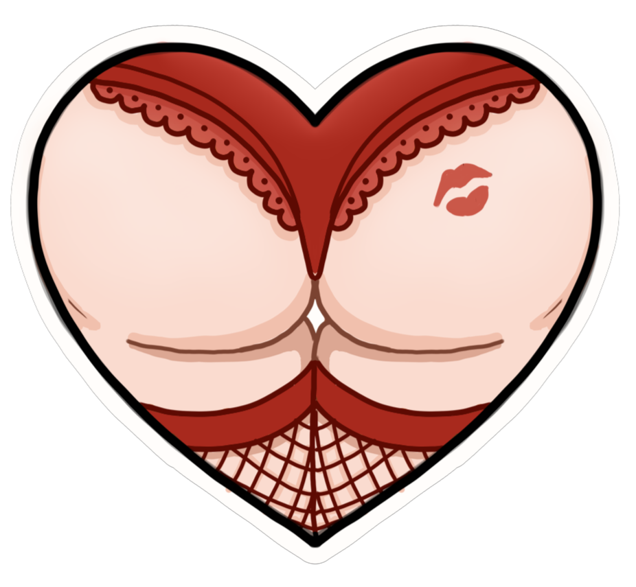 Kiss my Booty A heart with a butt wearing lacy red panties and red fishnet garters with a red kiss on one cheek