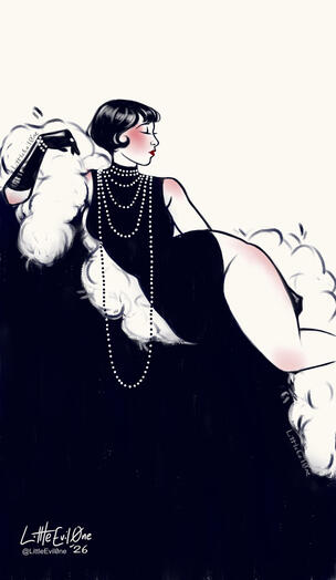 A woman with a 1920s Bob lounges in a black dress holding a white fur boa. Several strands of pearls hang from her neck