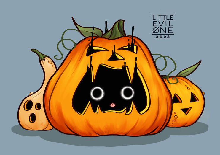 3 carved pumpkins with shadow dripping up out of the largest pumpkin. Glowing eye peer out from inside