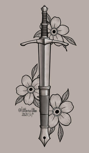 Grayscale sword handle that becomes a fountain pen tip surrounded by flowers