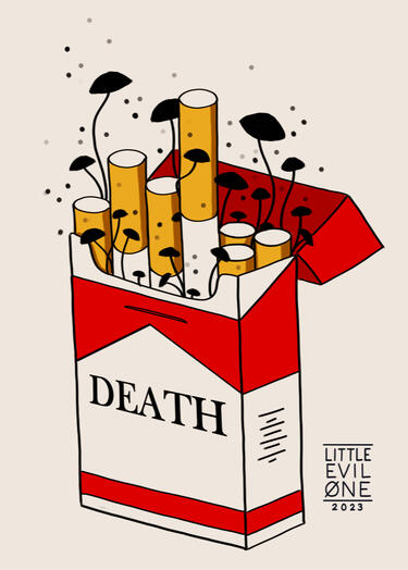 A box of cigarettes labeled death with black mushrooms growing out of them