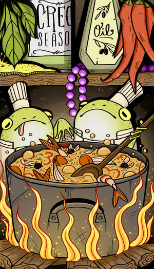 Chef frogs stir a pot of gumbo over a fire with spices, herbs and beads on the shelf behind them