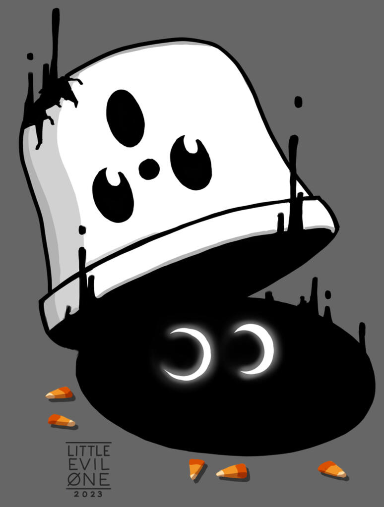 A broken halloween candy bucket designed like a screaming ghost. Shadow drips up and out, eye glow from inside the shadow and candy corn is scattered around
