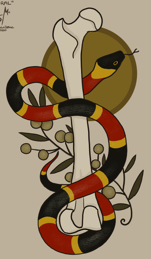 coral snake Coral snake wrapped around a femur bone with a circle and plant bough behind them