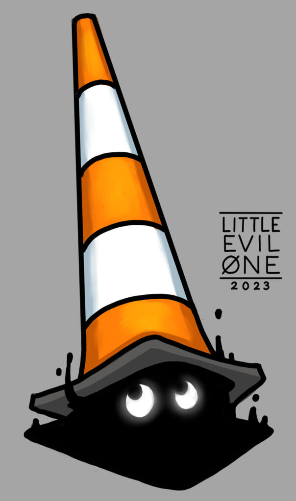 An orange traffic cone with its shadow dripping up and glowing eyes looking out from beneath it