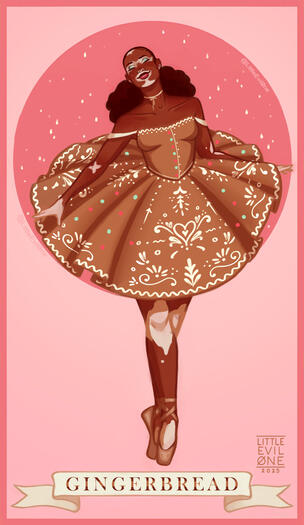 a black ballerina with vitiligo wearing a gingerbread dress covered in frosting decorations. The background is pink with snow falling and a banner at the bottom reads Gingerbread