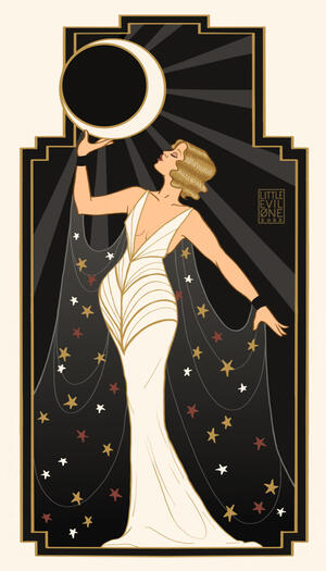 An art deco illustration of a woman in a white dress with a cape of stars holding up a crescent moon
