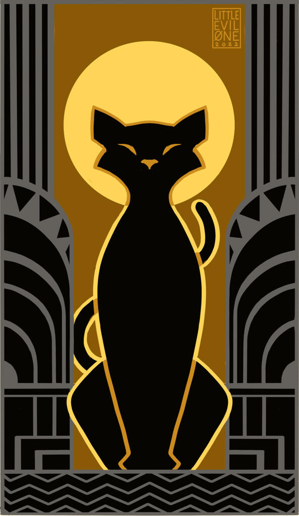Deco Cat A black cat silhouetted by a yellow moon with gray and black art deco designs around it.